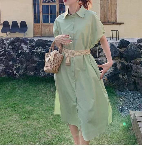 WANWAN Long Bottons Down Dress With Belt
